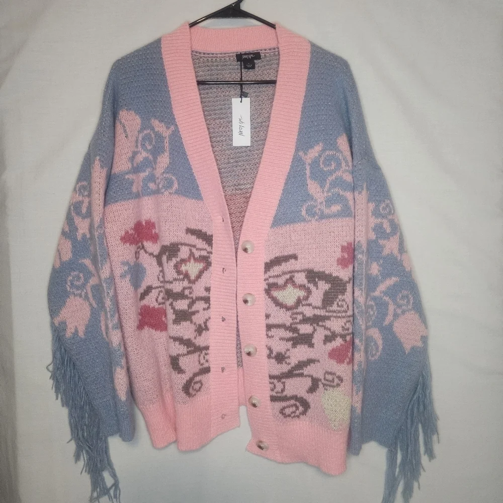 Nasty Gal Floral Fringe Knit Cardigan Pink Oversized Drop Sleeve  NWT PTP 24" - Picture 3 of 12